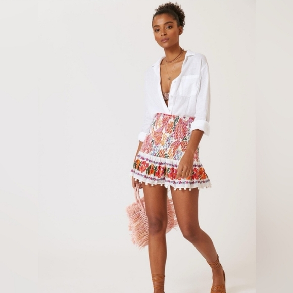 New FARM Rio Womens Spring Bananas Smocked Mini Skirt Floral Pom PomTrim Size M - Picture 2 of 11